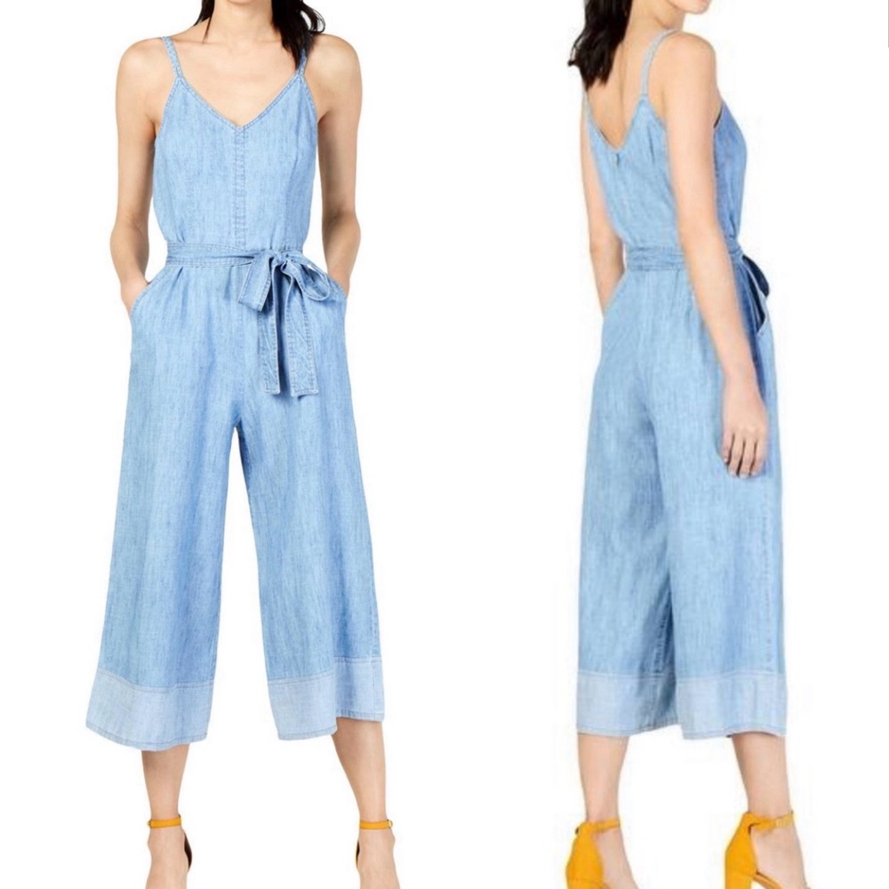Trina Turk-“Cloud” Chambray-Cropped Wide Leg Jumpsuit-Spaghetti Straps-Sz 8-NWT